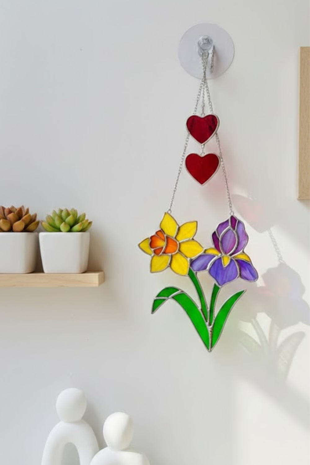 Handmade Window Panel - Double Heart Ornament – Spring Flower Bouquet – Copper Foil Stained Glass – Birthday Present for Her