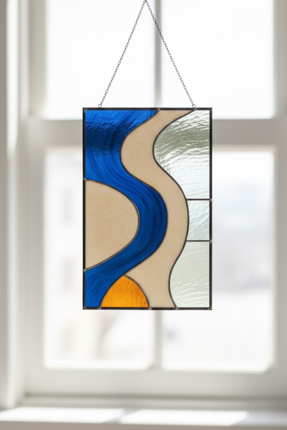 Geometric Wave Window Art – Stained Glass Panel – Modern Abstract Suncatcher – Mid Century Home Decor – Unique Housewarming Gift