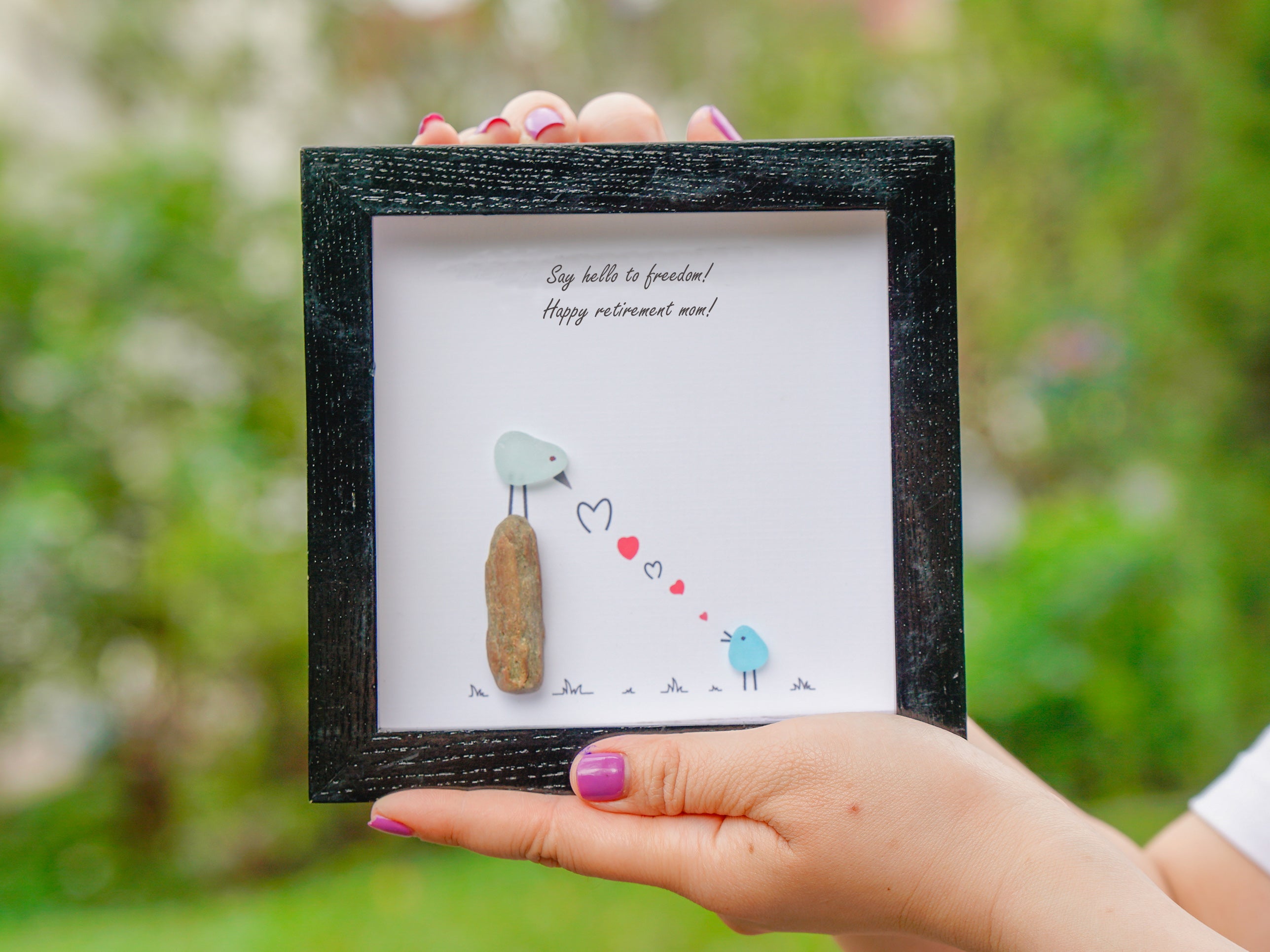 Freedom and Happiness Retirement for Mom Wooden Frame, Mother's Retirement Pebble Art For Mom