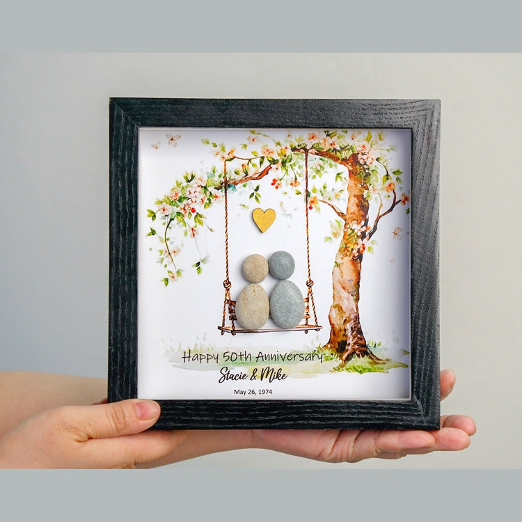 Personalized 50th Wedding Anniversary Pebble Art, Wedding Pebble Art Golden Wedding Pebble Frame with Stand for Desktop or Wall Hanging by Dovaart.com