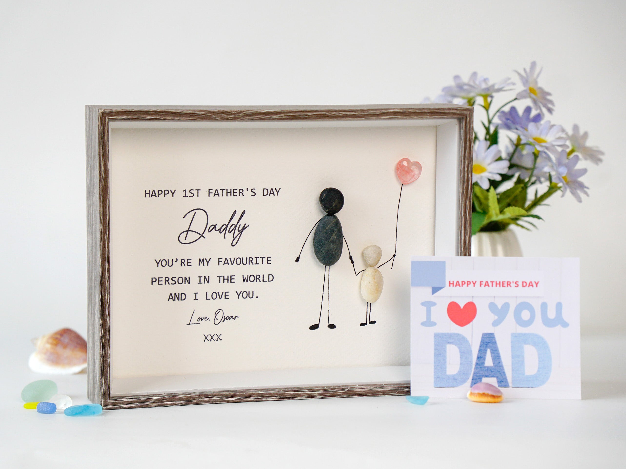 Personalized New Dad Gift, Handmade Pebble Arts for First Father's Day, Custom Husband Gift from Newborn, Rustic Dad Picture Frame, Meaningful Gift for Him