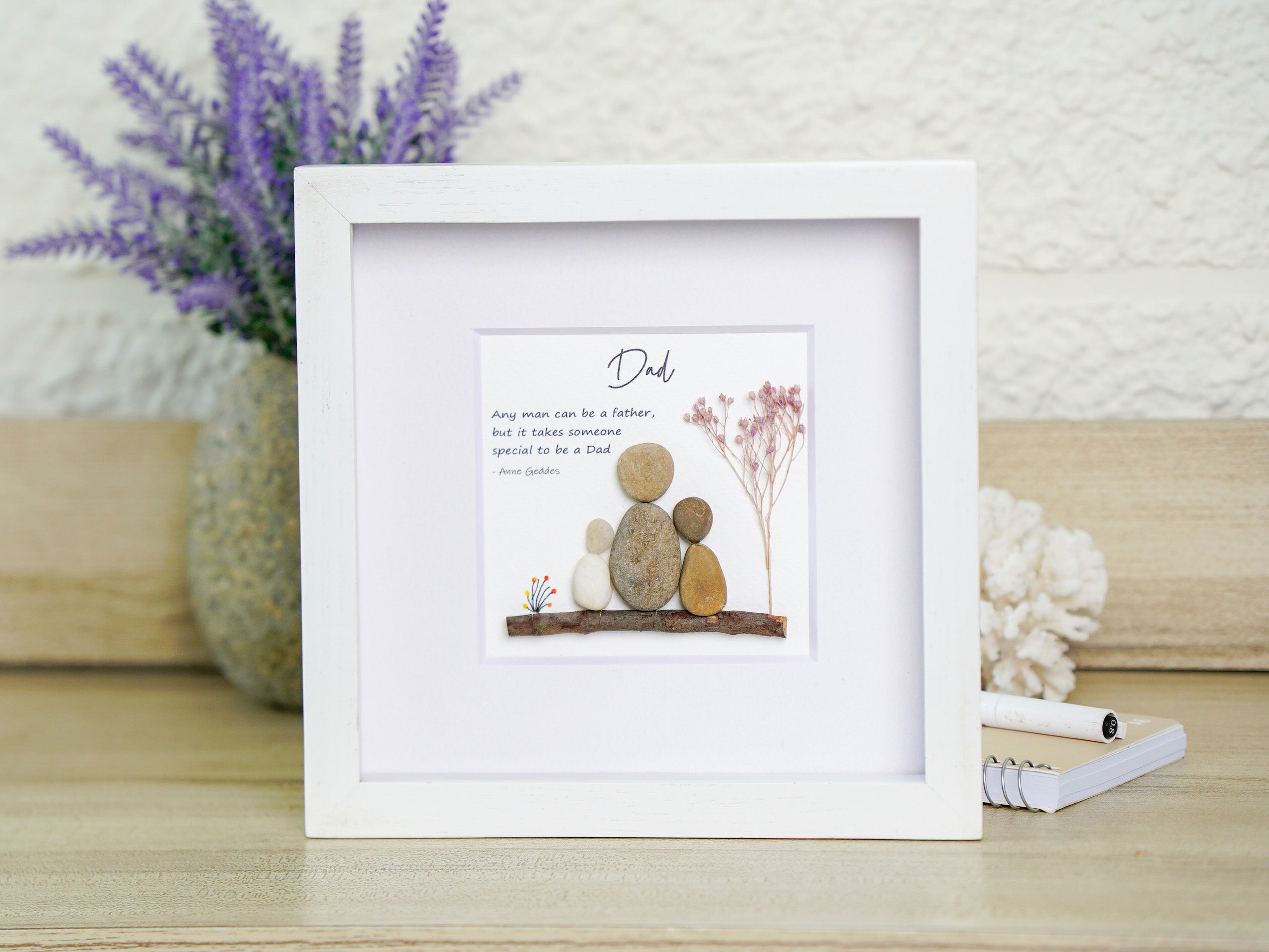 Handmade Pebble Arts Gift for Dad, Father’s Day Frame Decor, Unique Family Stone Art, Dad Birthday Gift, Rustic Home Decor