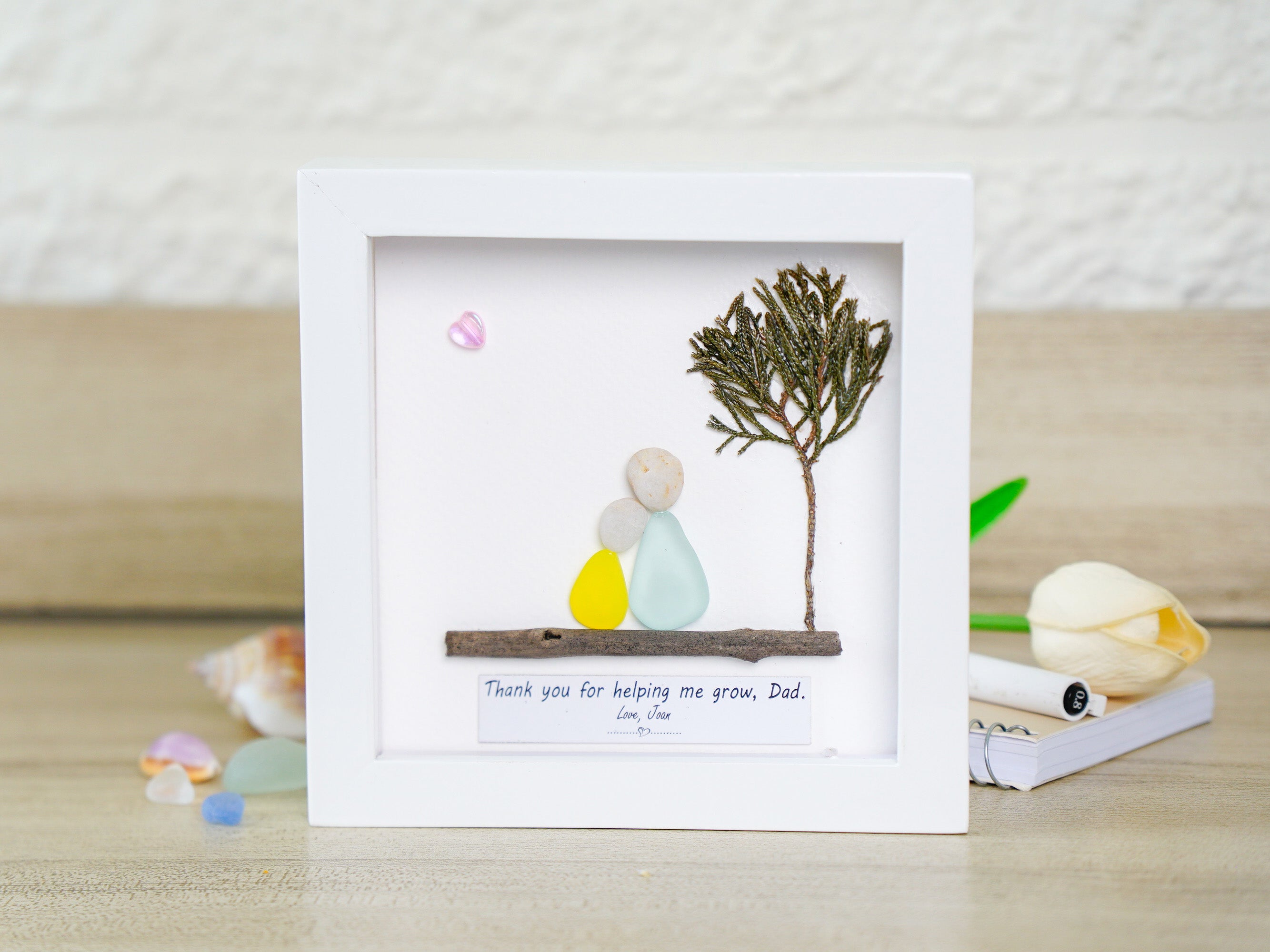 Personalized Father's Day Gift - Thank You For Helping Me Grow Dad - Custom Sea Glass Pebble Arts Frame - Meaningful Birthday Gift for Dad from Kids