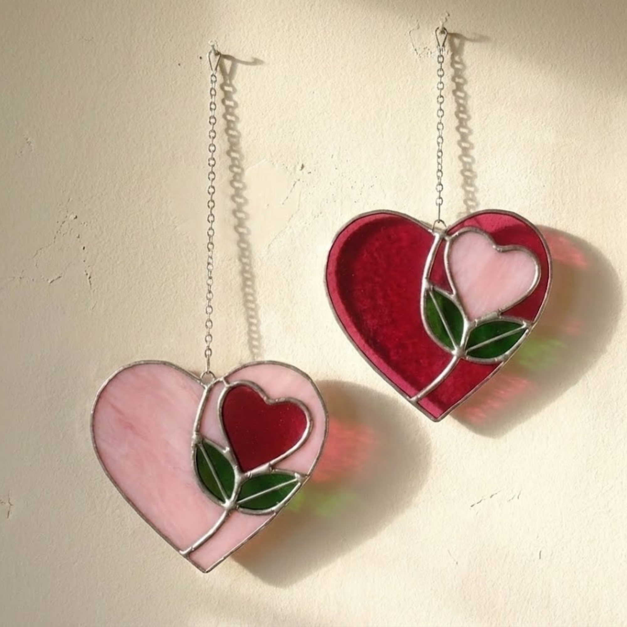 Heart Rose Suncatcher – Romantic Window Hanging – Stained Glass Floral Art – Pink Red Decor – Valentine Gift