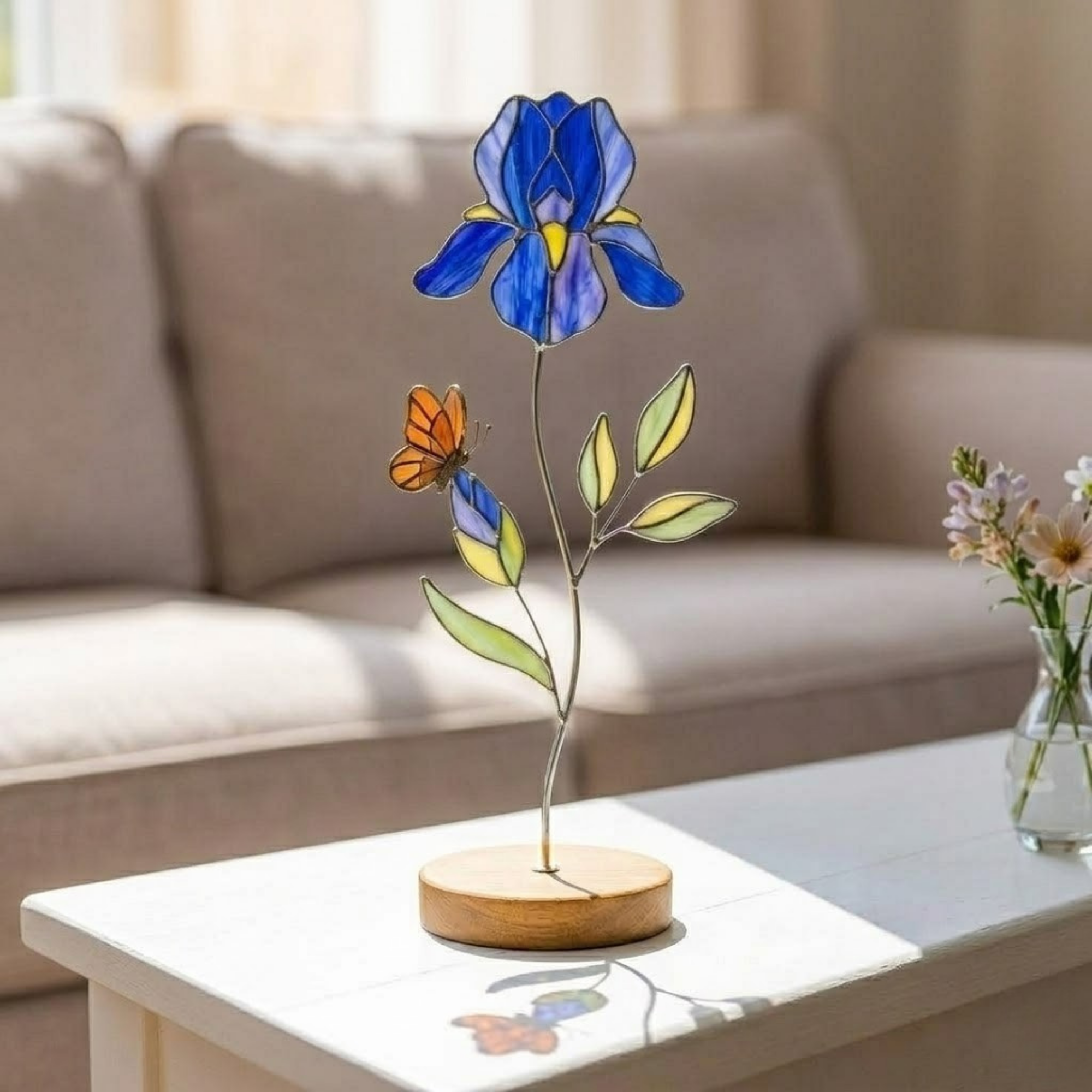 Mother’s Day Gift for Mom, Blue Iris Stained Glass Flower Decor, Handmade Butterfly Floral Suncatcher, Elegant Desk Shelf Home Decor
