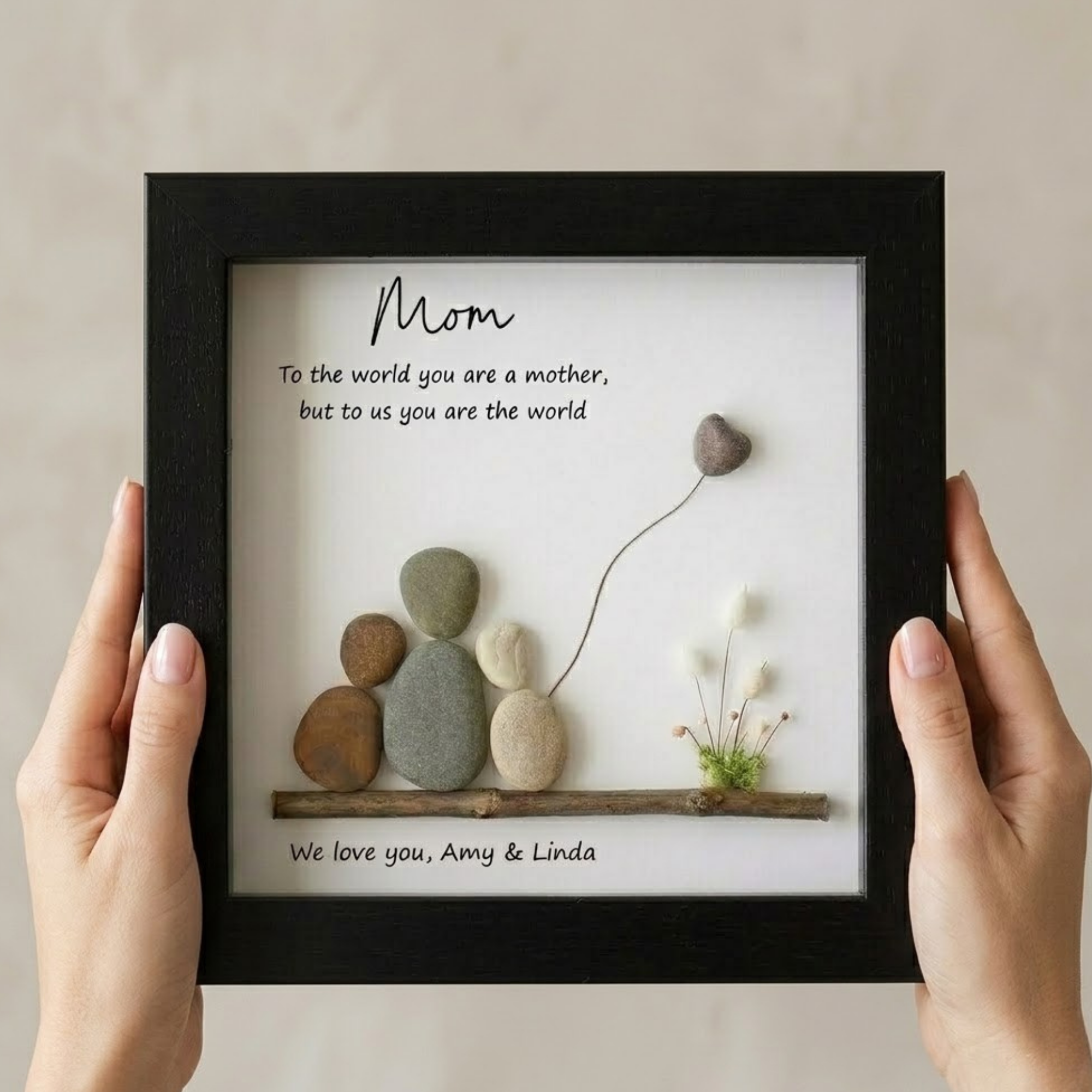 Custom Pebble Art Family Frame – Unique Gift for Mom, Handmade Stone Picture, Personalized Mother’s Day Keepsake