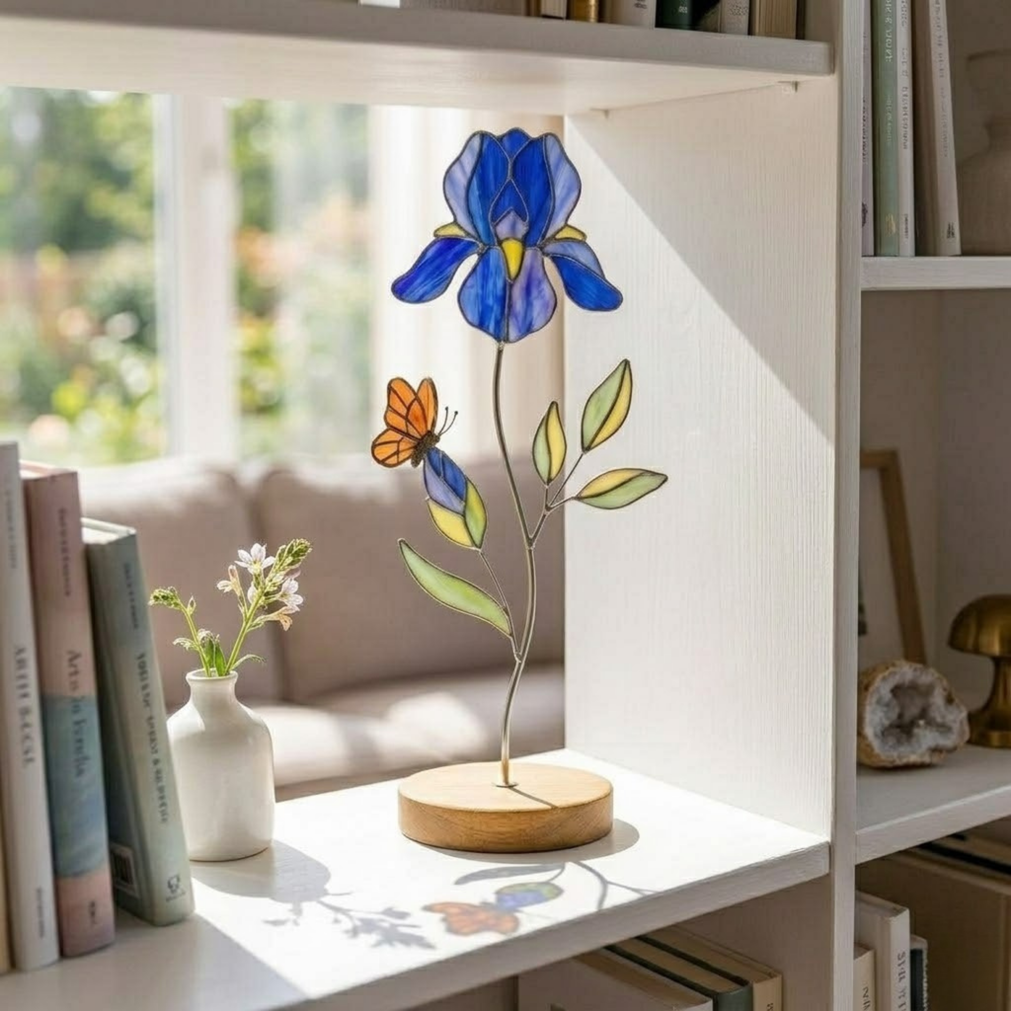 Mother’s Day Gift for Mom, Blue Iris Stained Glass Flower Decor, Handmade Butterfly Floral Suncatcher, Elegant Desk Shelf Home Decor