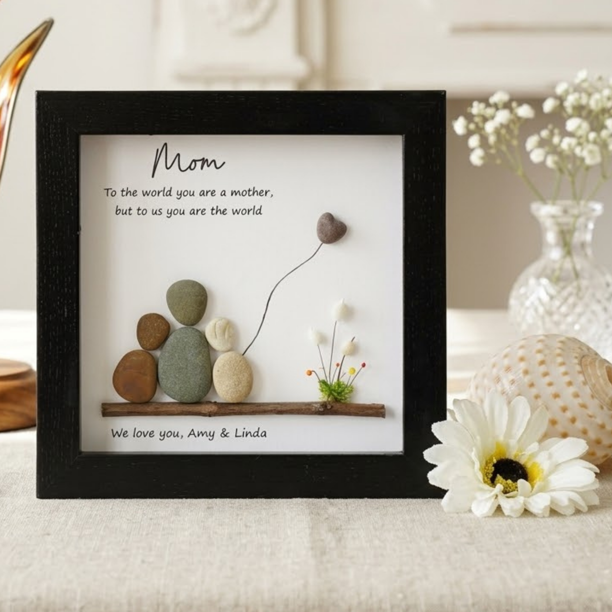 Custom Pebble Art Family Frame – Unique Gift for Mom, Handmade Stone Picture, Personalized Mother’s Day Keepsake