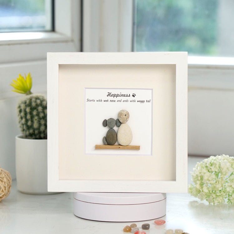 Dova Art Happiness With Dog Pebble Art - Frame Pebble Artwork Stand on Desktop or Wall Hanging 8x8 inch by Dovaart.com