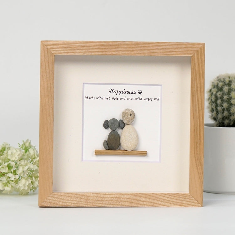 Dova Art Happiness With Dog Pebble Art - Frame Pebble Artwork Stand on Desktop or Wall Hanging 8x8 inch by Dovaart.com