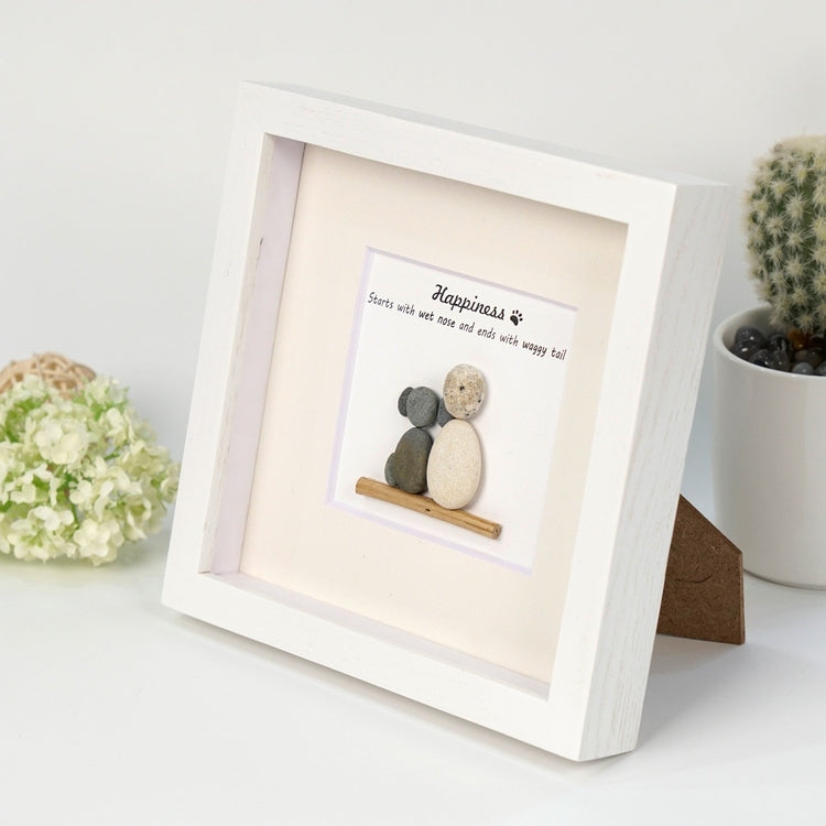 Dova Art Happiness With Dog Pebble Art - Frame Pebble Artwork Stand on Desktop or Wall Hanging 8x8 inch by Dovaart.com