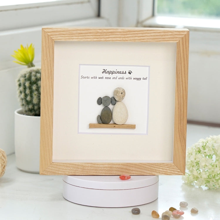 Dova Art Happiness With Dog Pebble Art - Frame Pebble Artwork Stand on Desktop or Wall Hanging 8x8 inch by Dovaart.com