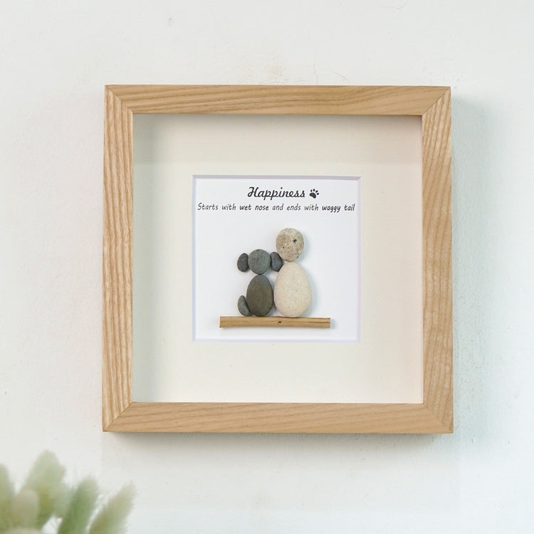 Dova Art Happiness With Dog Pebble Art - Frame Pebble Artwork Stand on Desktop or Wall Hanging 8x8 inch by Dovaart.com