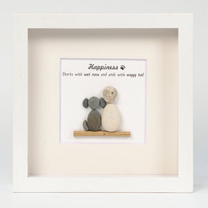 Dova Art Happiness With Dog Pebble Art - Frame Pebble Artwork Stand on Desktop or Wall Hanging 8x8 inch by Dovaart.com