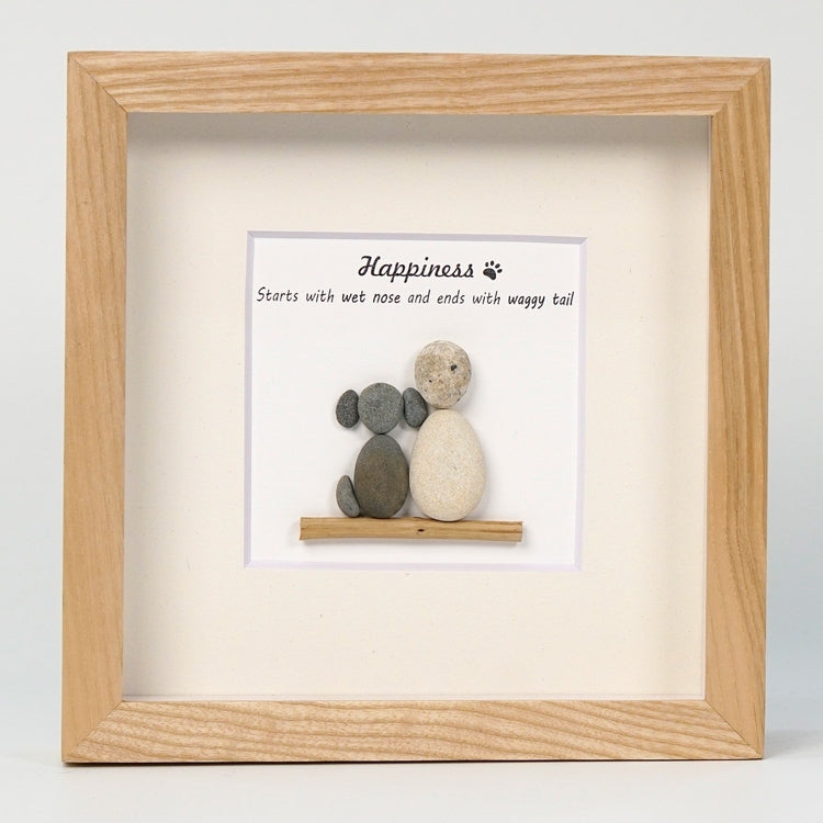 Dova Art Happiness With Dog Pebble Art - Frame Pebble Artwork Stand on Desktop or Wall Hanging 8x8 inch by Dovaart.com