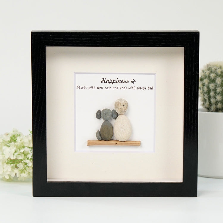 Dova Art Happiness With Dog Pebble Art - Frame Pebble Artwork Stand on Desktop or Wall Hanging 8x8 inch by Dovaart.com