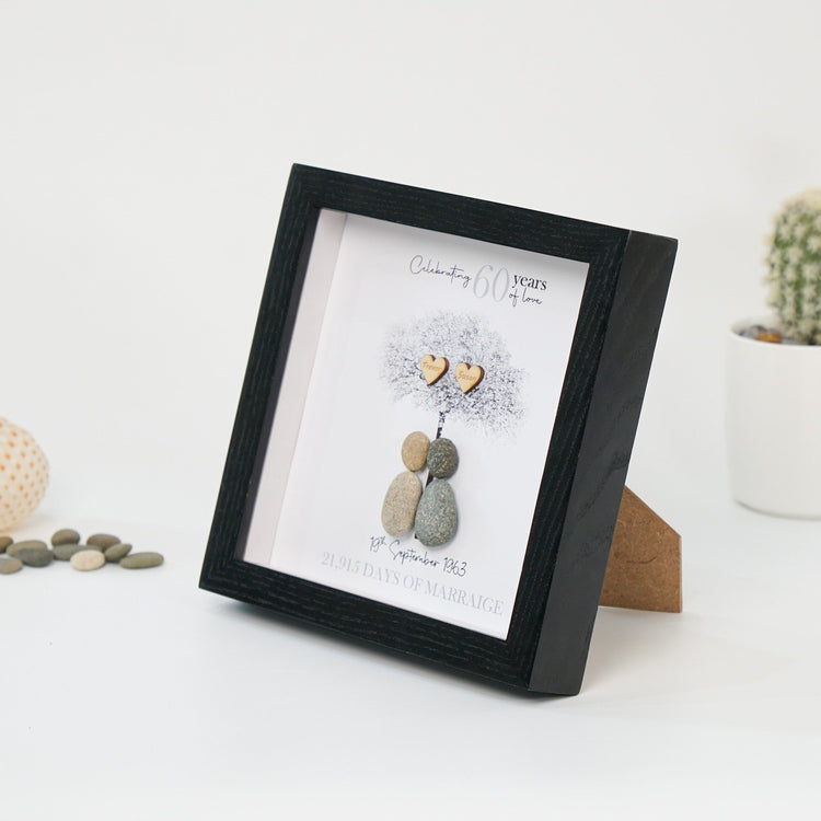 Dova Art Personalized 60th Wedding Anniversary Pebble Art, Couple Pebble Picture Framed Art - 8x8 inch Frame with Stand for Desktop or Wall Hanging by Dovaart.com