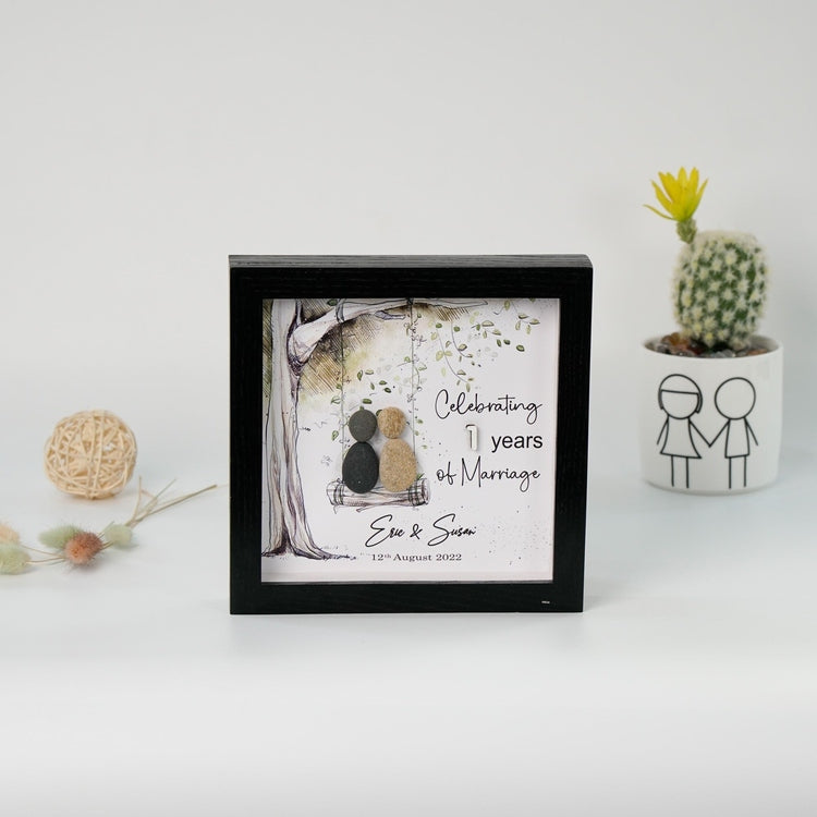 Dova Art Personalized Celebrating 1st of Marriage Wedding Anniversary Pebble Art, Couple Pebble Picture Framed Art - 8x8 inch Frame with Stand for Desktop or Wall Hanging by Dovaart.com