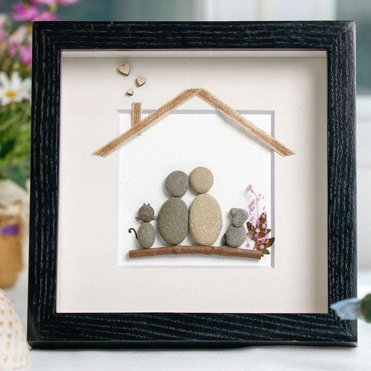 Dova Art Personalized Family With Pets Pebble Art, Pebble Picture Framed Art - 8x8 inch Frame with Stand for Desktop or Wall Hanging by Dovaart.com