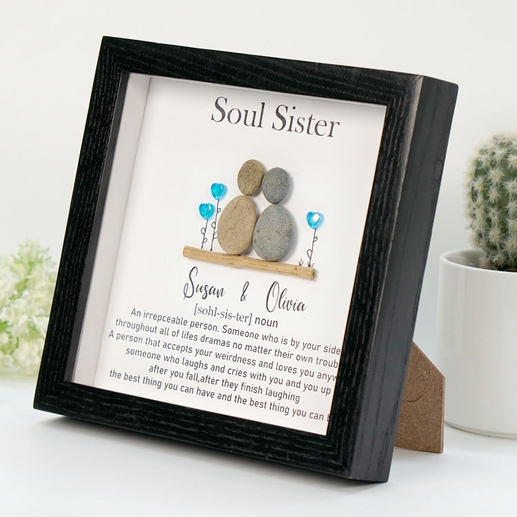 Dova Art Soul Sister Pebble Art - Frame Pebble Artwork Stand on Desktop or Wall Hanging 8x8 inch by Dovaart.com