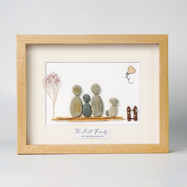 Family with Pets Portrait Pebble Art, Personalized Christmas Picture Frame For Family, Pebble Art For Family by Dovaart.com
