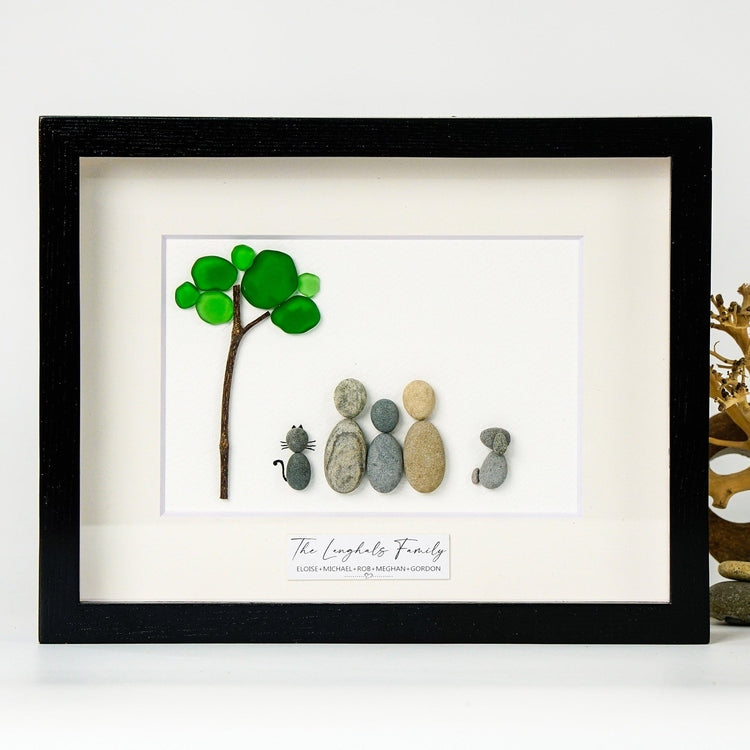 Family with Pets Portrait Sea Glass Art, Personalized Christmas Picture Frame For Family, Sea Glass Art For Family by Dovaart.com
