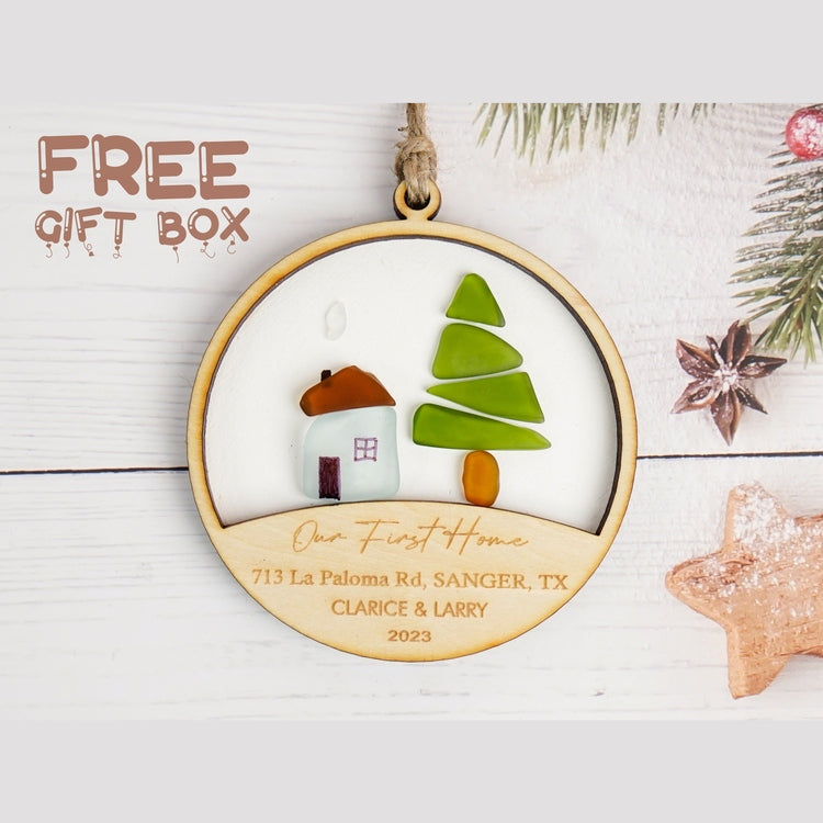 First Christmas In Our New Home Wood Ornament, Personalized First Home Tree Sea Glass Ornament, Housewarming, New Home Gift, Sea Glass Art Ornament Christmas Dova Art