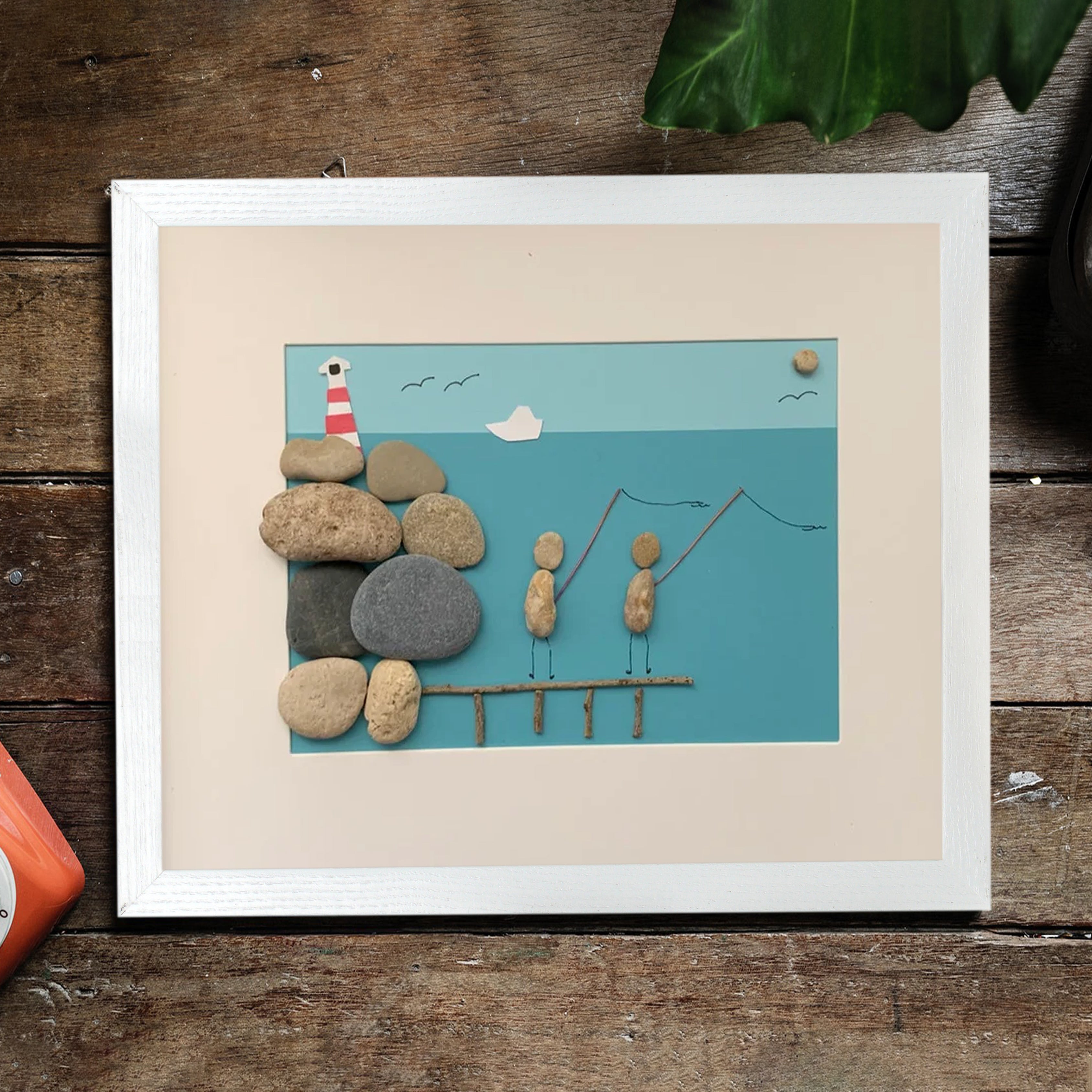 Charming Fishing Scene Art Frame, Perfect Birthday Gift for Uncle, Pebble Art For Uncle