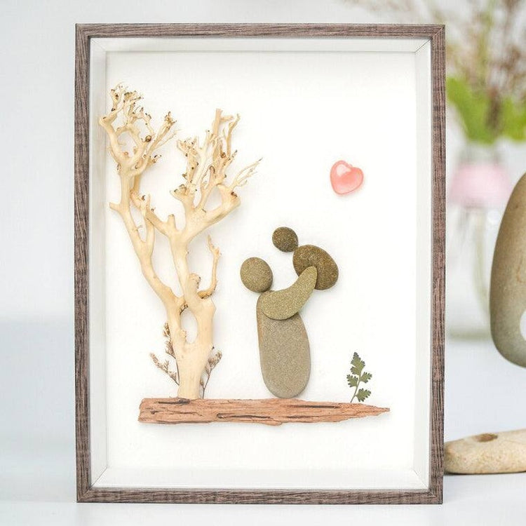 Handmade Pebble Art Father and Child Picture Frame for Desktop and Wall Hanging - Unique Gift Idea by Dovaart.com