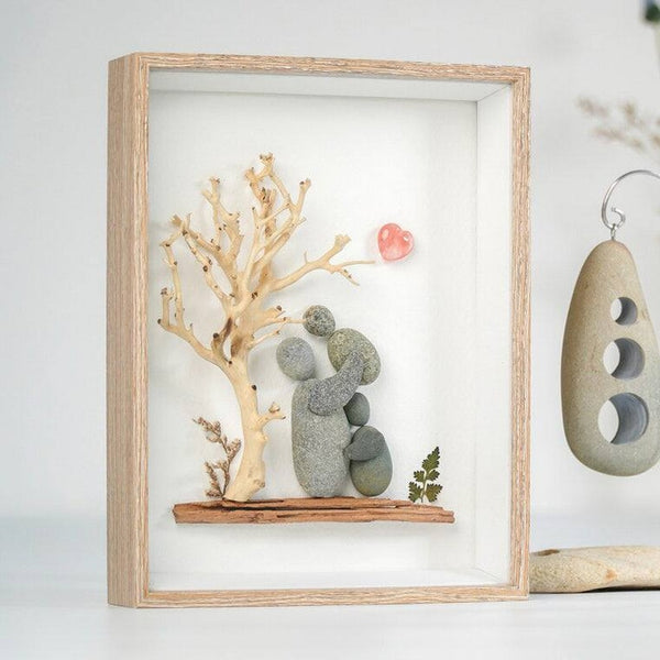 Handmade Pebble Art Father and Child Picture Frame for Desktop and Wall Hanging - Unique Gift Idea by Dovaart.com