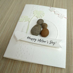 Happy Mother's Day Mom and Children Pebble Card, Handmade Pebble Artwork Cards by Dovaart.com
