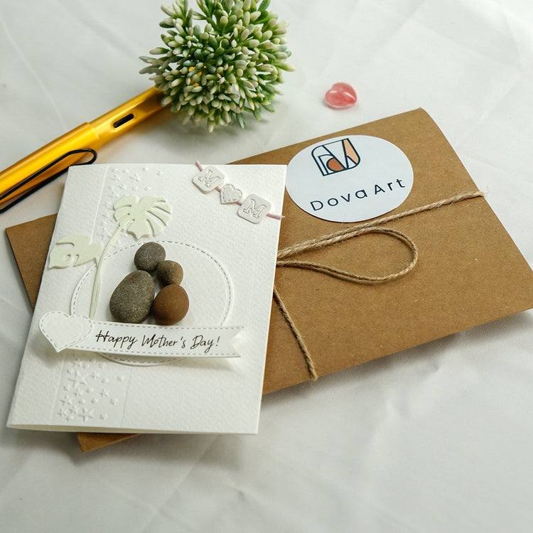 Happy Mother's Day Mom and Children Pebble Card, Handmade Pebble Artwork Cards by Dovaart.com