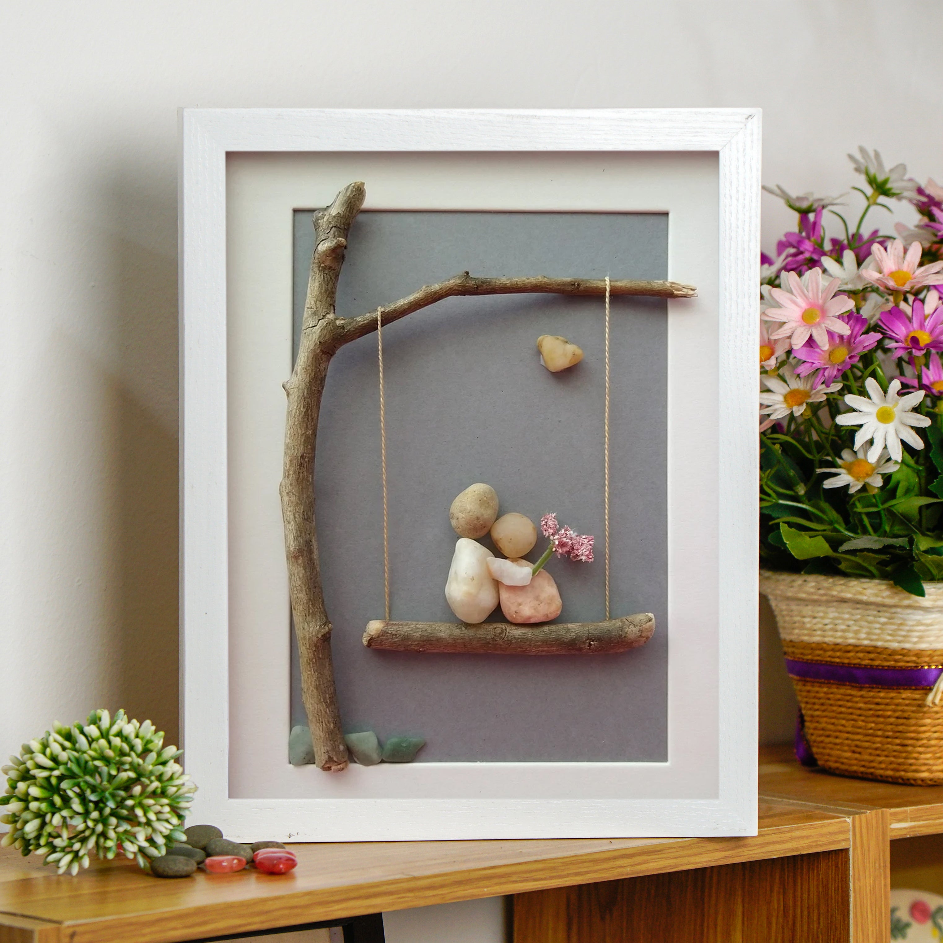 Couple on a Swing Art Frame, Wedding Anniversary Gift For Dad, Wedding Anniversary Pebble Art