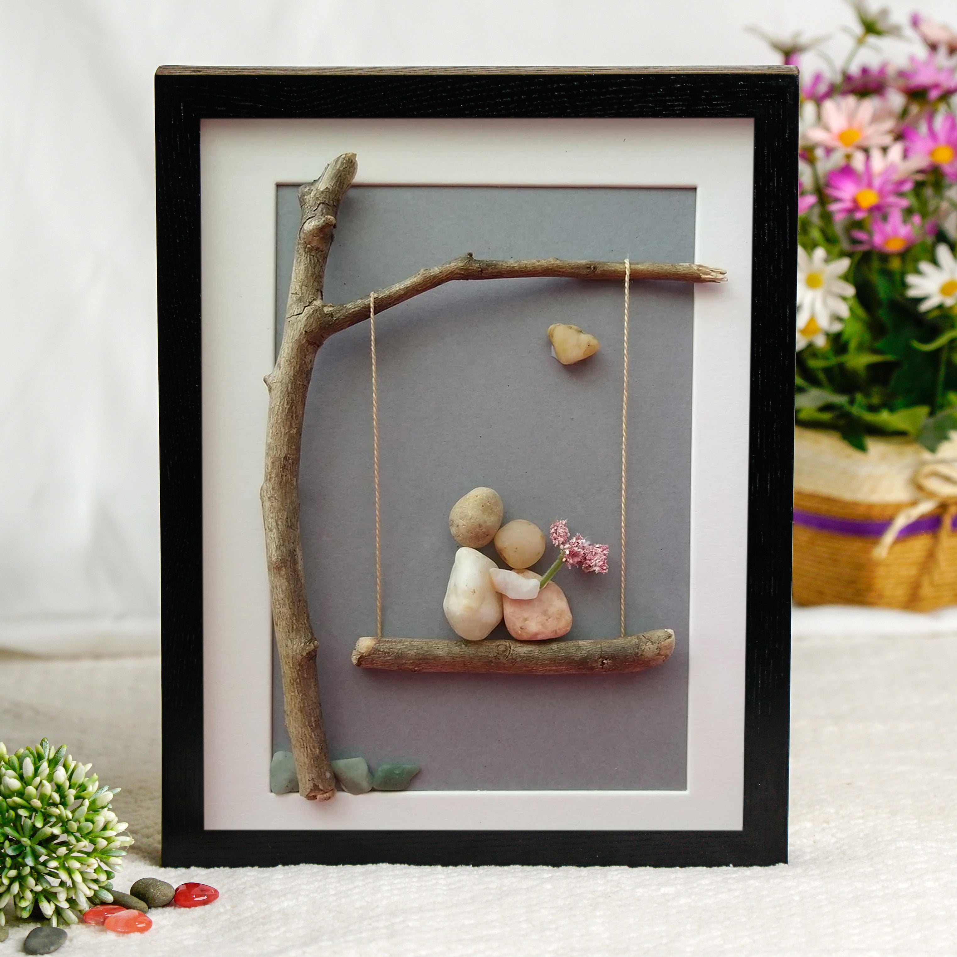 Couple on a Swing Art Frame, Wedding Anniversary Gift For Dad, Wedding Anniversary Pebble Art