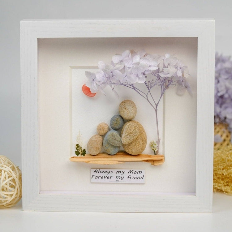 Handmade Pebble Art of Mother Hugging Children Under Tree, Personalized Mom Gifts, Pebble Art For Mom by Dovaart.com
