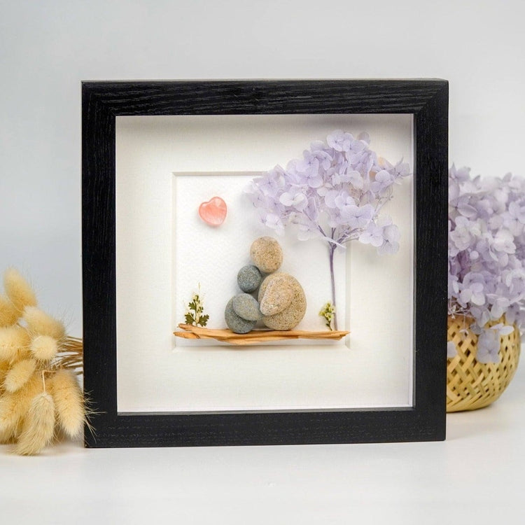 Handmade Pebble Art of Mother Hugging Children Under Tree, Personalized Mom Gifts, Pebble Art For Mom by Dovaart.com