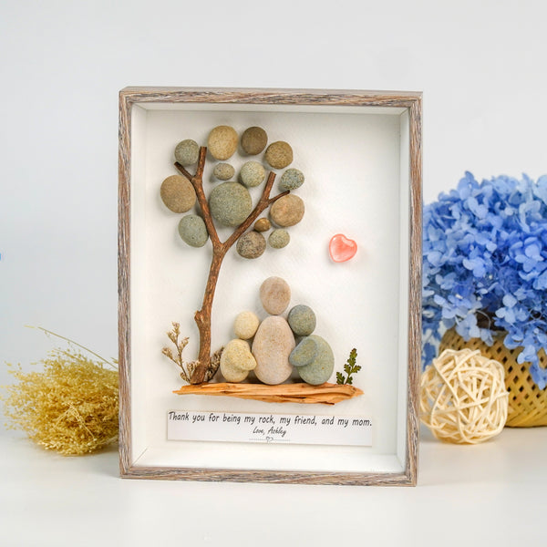 Mom and Children Under The Tree Pebble Art Frame Gift for Birth Day Mother's Day Dova Art
