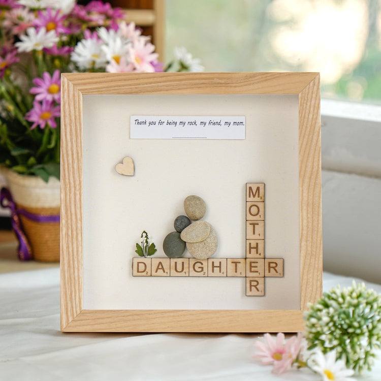 Mother And Daughter Pebble Art Hanging Picture Frame 8x8 inch, Desk Gift for Birthday, Mother's Day by Dovaart.com