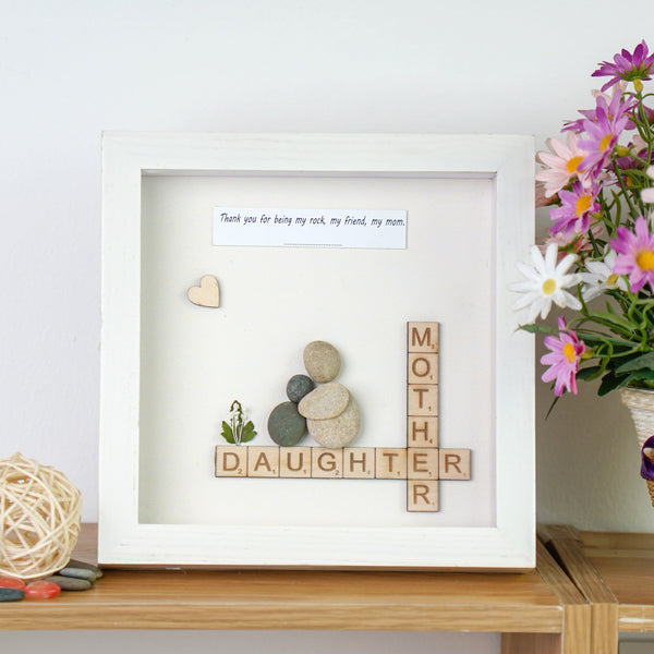 Mother And Daughter Pebble Art Hanging Picture Frame 8x8 inch, Desk Gift for Birthday, Mother's Day by Dovaart.com