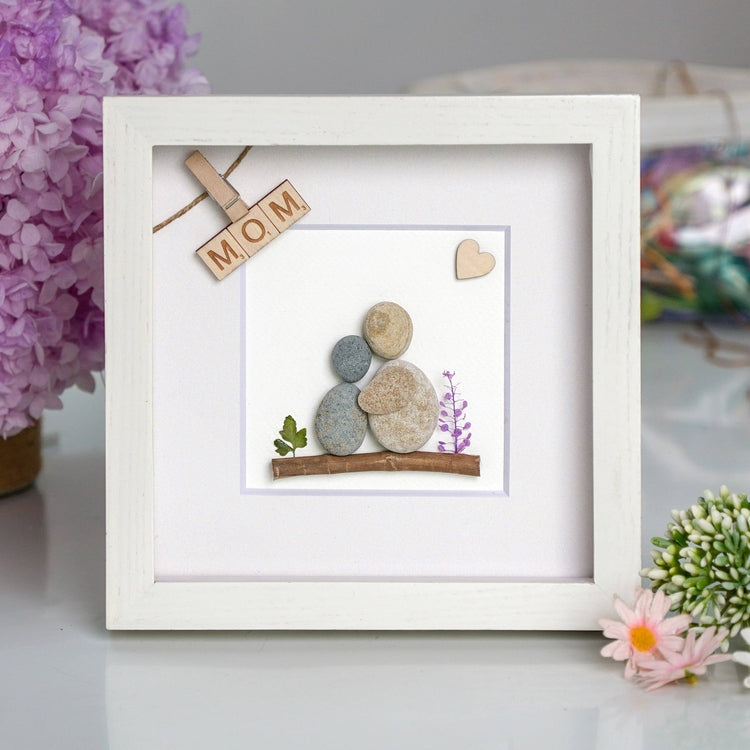 Mother and Daughter Pebble Art Frame Picture Hanging Wall, Desk Gift for Mom on Mother's Day Birthday by Dovaart.com