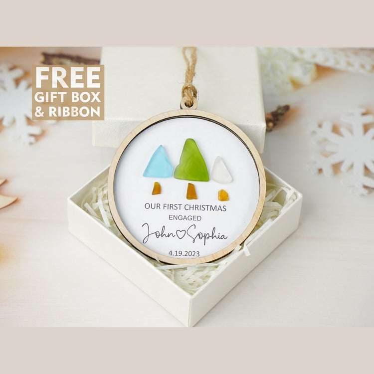 Our First Christmas Engagement Christmas Tree Sea Glass Ornament Gift Wedding Party Gift Personalized Christmas Gift Wedding Couple Gift by Dovaart.com