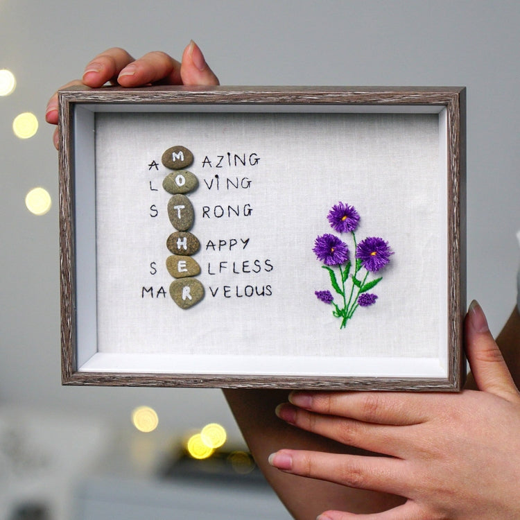 Personalized Embroidery Frame, Amazing Loving Strong Happy Selfless Graceful, Gift For Mom, Pebble Art For Mom by Dovaart.com