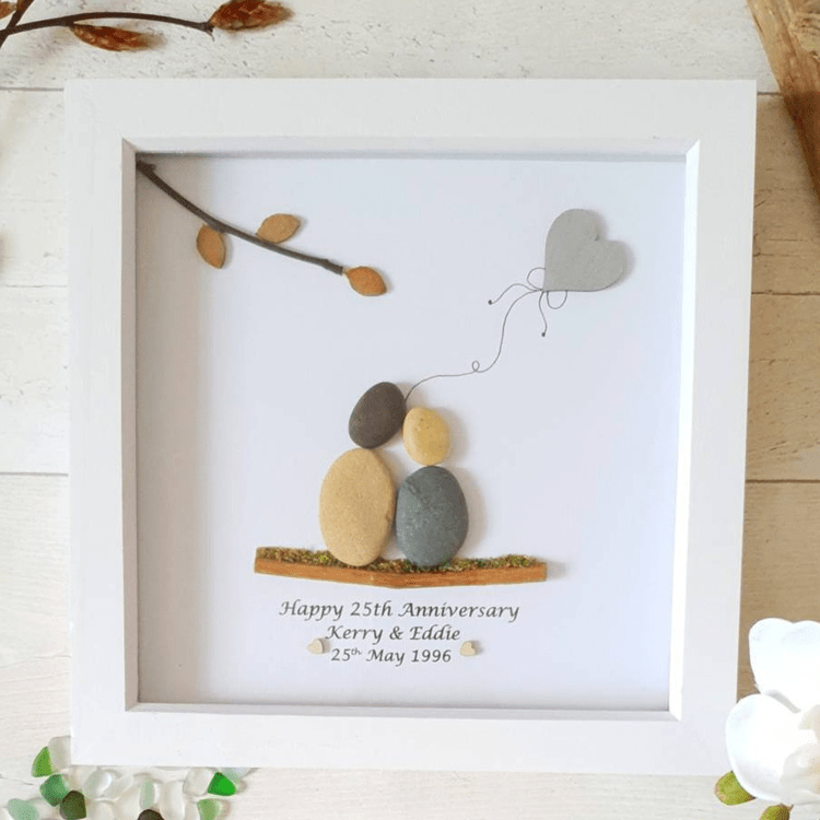 Personalized 25th Anniversary Pebble Art - Gift for Husband or Wife - Wall or Tabletop Decoration with Framed Pebble Artwork - 8x8 Inches by Dovaart.com