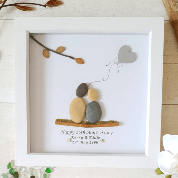 Personalized 25th Anniversary Pebble Art - Gift for Husband or Wife - Wall or Tabletop Decoration with Framed Pebble Artwork - 8x8 Inches Dova Art