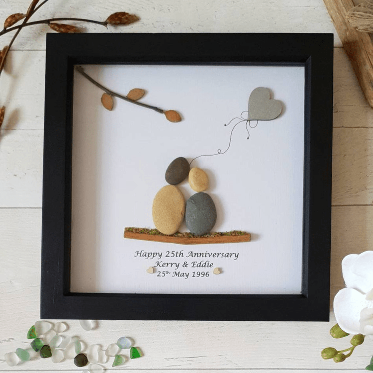 Personalized 25th Anniversary Pebble Art - Gift for Husband or Wife - Wall or Tabletop Decoration with Framed Pebble Artwork - 8x8 Inches by Dovaart.com