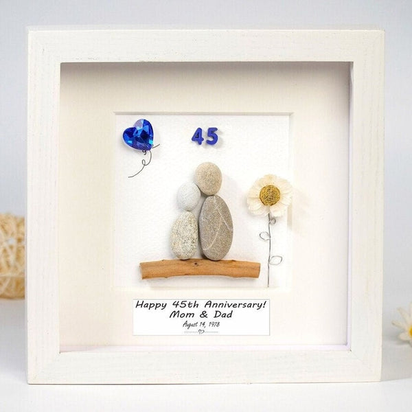 Personalized 45th Anniversary Pebble Art - Gift for Mother and Father - Wall or Tabletop Decoration with Framed Pebble Artwork - 8x8 Inches Dova Art