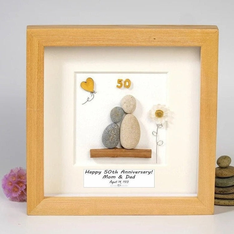 Personalized 50th Anniversary Pebble Art - Gift for Mother and Father - Wall or Tabletop Decoration with Framed Pebble Artwork - 8x8 Inches by Dovaart.com