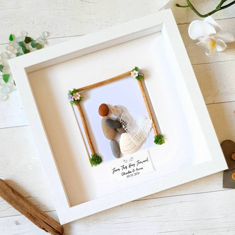 Personalized Couple Wedding Anniversary Pebble Art - Gift for Husband or Wife - Wall or Tabletop Decoration with Framed Pebble Artwork - 8x8 Inches by Dovaart.com