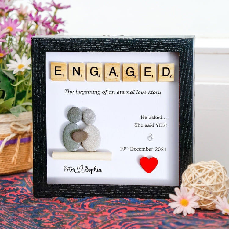 Personalized Engaged Pebble Art - Birthday Gift Engaged - 8x8 inch Frame with Stand for Desktop or Wall Hanging by Dovaart.com