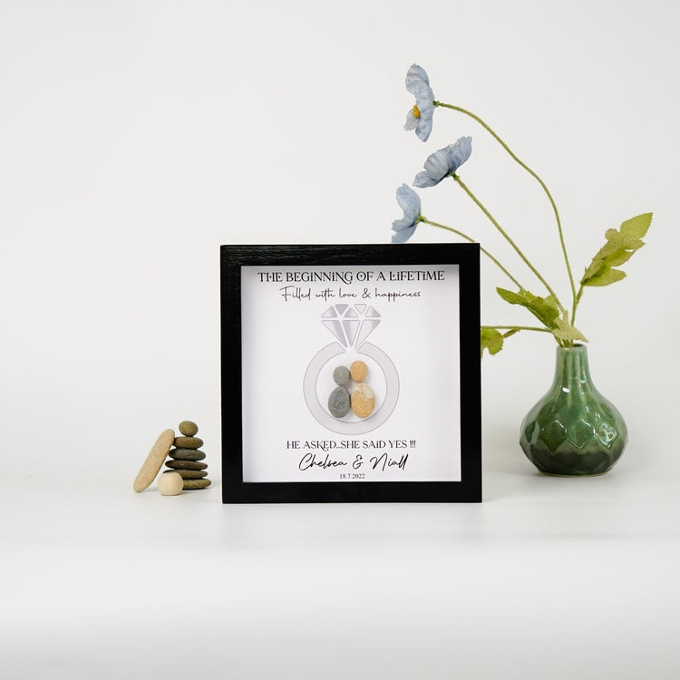 Personalized Engagement Present Pebble Art Framed Wall Hanging Art, Desktop Gifts for Couples by Dovaart.com